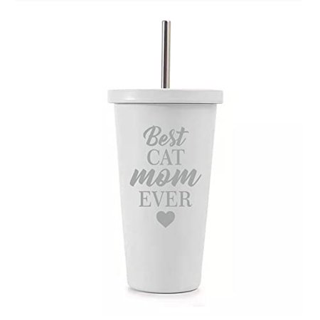 

16 oz Stainless Steel Double Wall Insulated Tumbler Pool Beach Cup Travel Mug With Straw Best Cat Mom Ever Mother (White)