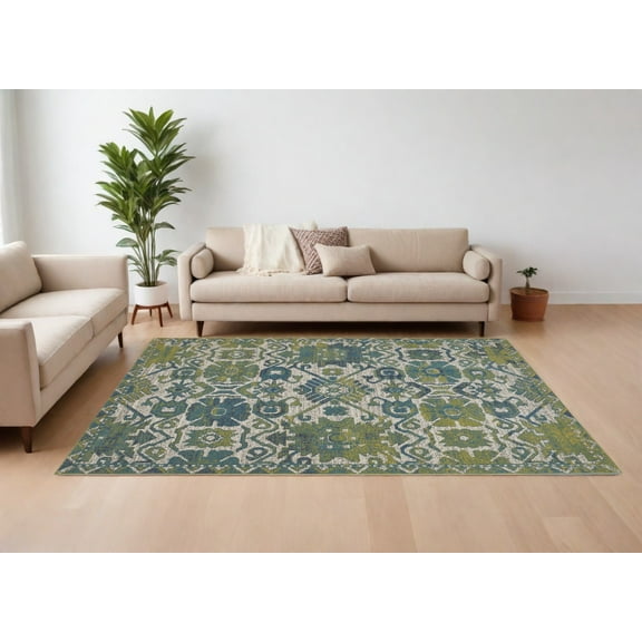 10' X 13' Blue and Green Oriental Power Loom Area Rug