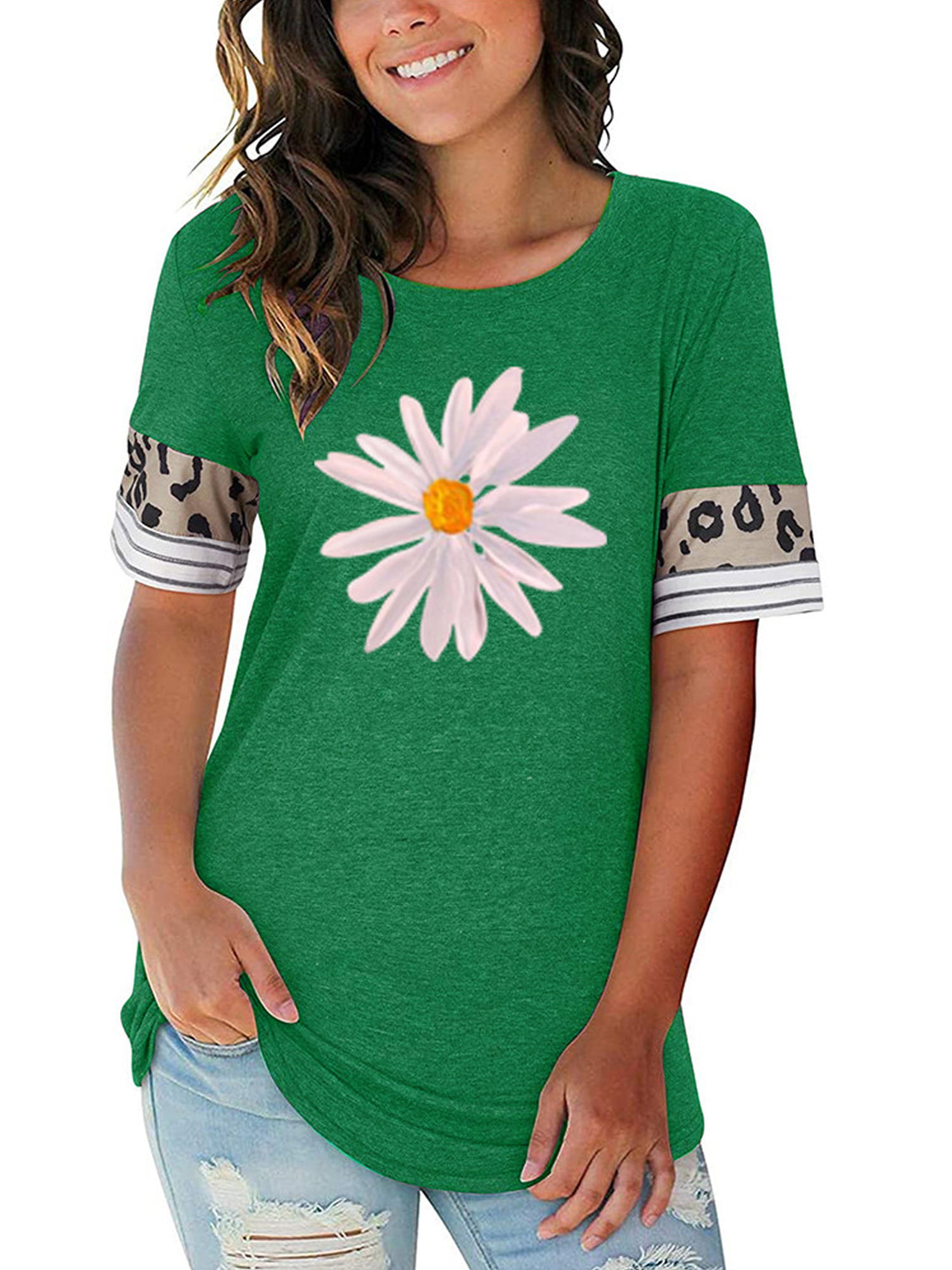Eleluny Women's Daisy Print T-Shirt Crew Neck Tops Loose Casual Tee ...