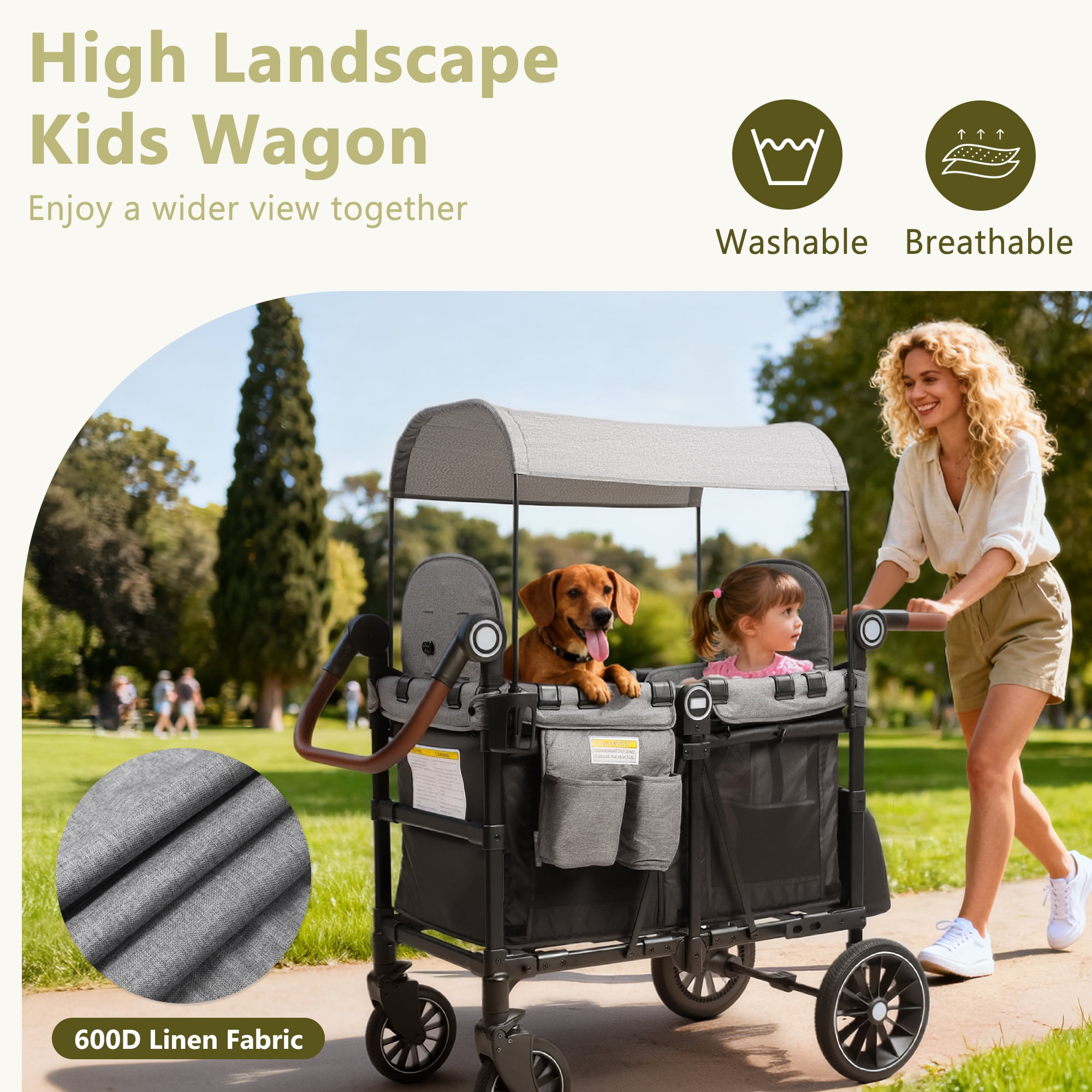 LINLUX 2 Kids Wagon Stroller, Foldable Outdoor 2-Seat Stroller Wagon, Removable Canopy, 55 Pound, Black Gray