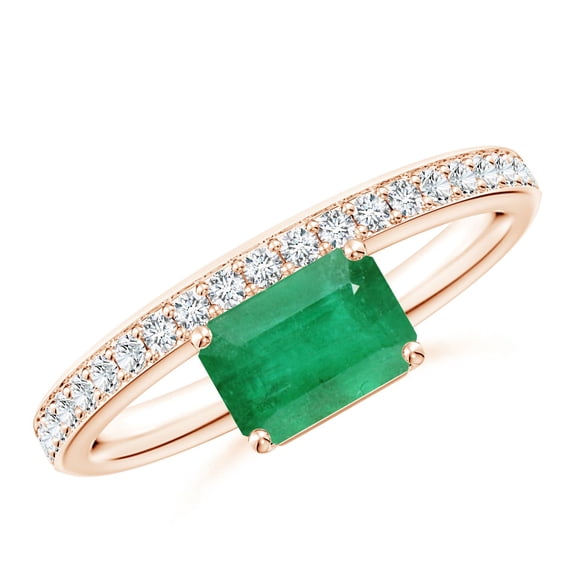 ANGARA Natural 1 Ct Emerald-Cut Emerald Off-Centered Solitaire Ring With Diamonds in 14K Rose Gold for Women (Size-7x5mm) | May Birthstone, Anniversary, Jewelry Gift for Women | Natural Emerald Ring