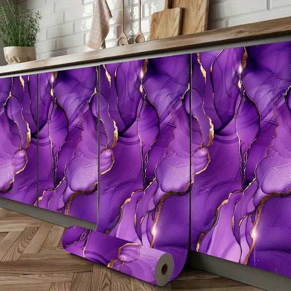Bright Purple & Golden Floral Wallpaper - Self-Adhesive Reusable PVC for Kitchen Bathroom Living Room Dormitory
