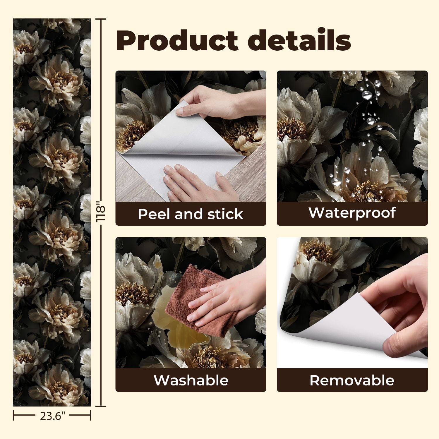 Peel and Stick Wallpaper Elegant Peony Flowers Soft Beige White Tones Dark Wall Mural 23.6in x 9.8ft Self Adhesive Removable Wall Paper Renter Friendly Wallpaper for Nursery Bedroom Cabinets