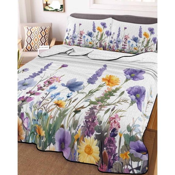 Spring Floral Twin Size Down Alternative Comforter, Lightweight Comforter Quilt Bedding Set with Pillow Shams Purple Flowers Colorful Summer Botanical All Seasons Bed Comforter Duvet Insert 68"x86"