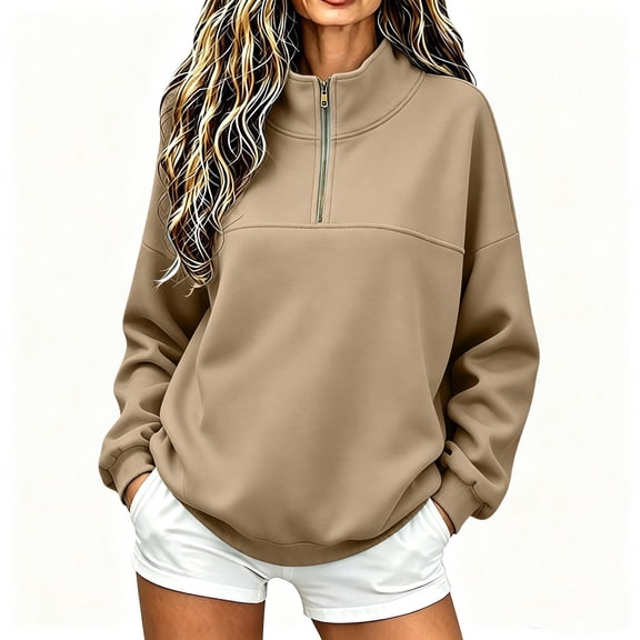 Trikvn Women's Quarter Zip Pullover Sweatshirts Long Sleeve Drop Shoulder Collared Fall Tops with Pockets Casual Slouchy Cozy Winter Clothes Fashion Jumpers