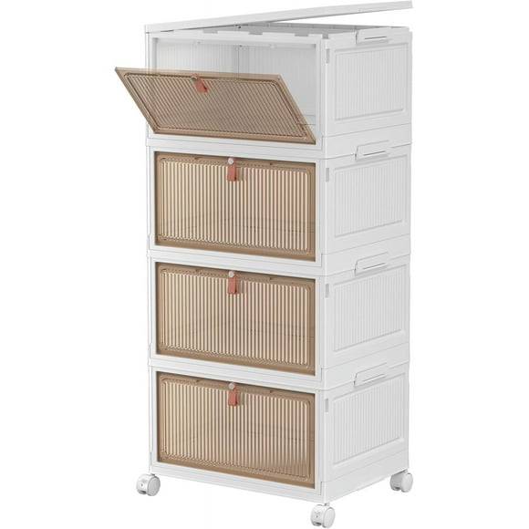 4 Tier Plastic Storage Bins with Lids 27QT, Stackable Storage Containers with Wheels, Folding Storage Boxes, Collapsible Storage Bins, Closet Organizers and Storage for Living Room,Office,Dorm