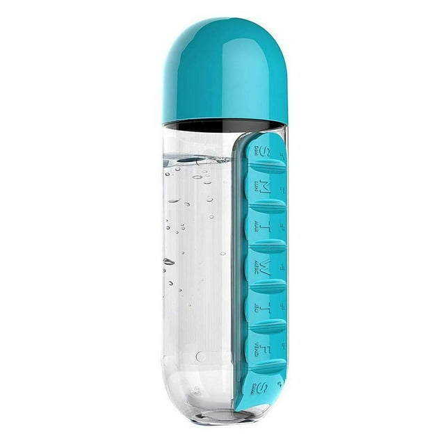 Botella de agua de 600ml con pastillero organizador 2 en 1, caja planificadora portátil de 7 días, contenedores para medicamentos de viaje