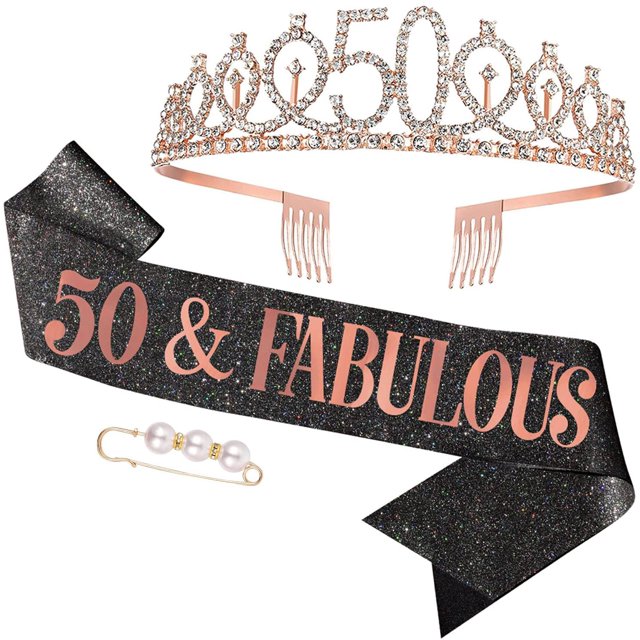 50.o y fabuloso 50.o y fabuloso 50.o cumpleaños decoraciones tiara decoraciones de fiesta de cumpleaños accesorios para decoraciones de 50.o cumpleaños de mujeres (oro rosa)