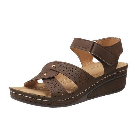 

Orthopedic Sandals Summer Women s Comfortable Low Wedge Sandals Open Toe Slip On Strappy Flat Sandals with Elastic Ankle Strap Coffee 8.5