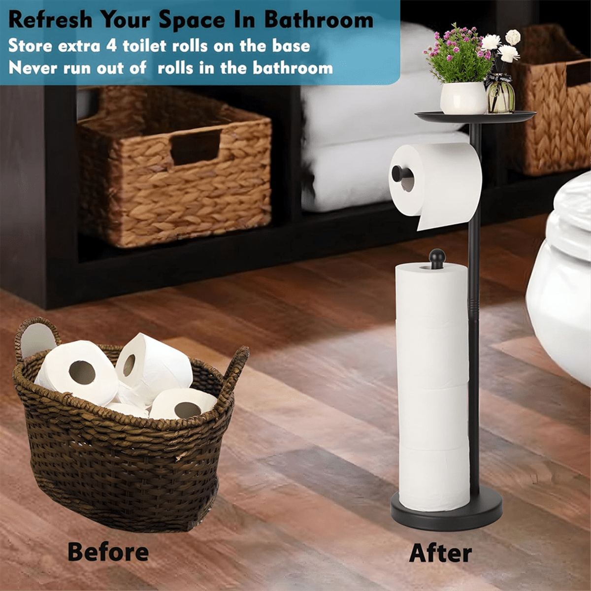 Black Toilet Paper Holder Stand with Shelf, Freestanding Toilet Paper Holder, Heavy Base No Tipping over for Bathroom
