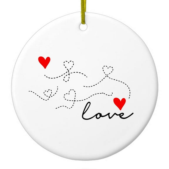 DistinctInk Hanging Ceramic Christmass Tree Ornament with Gold String - Great Gift / Present - 2 3/4 inch diameter - Love Heart Flourish Black & Red