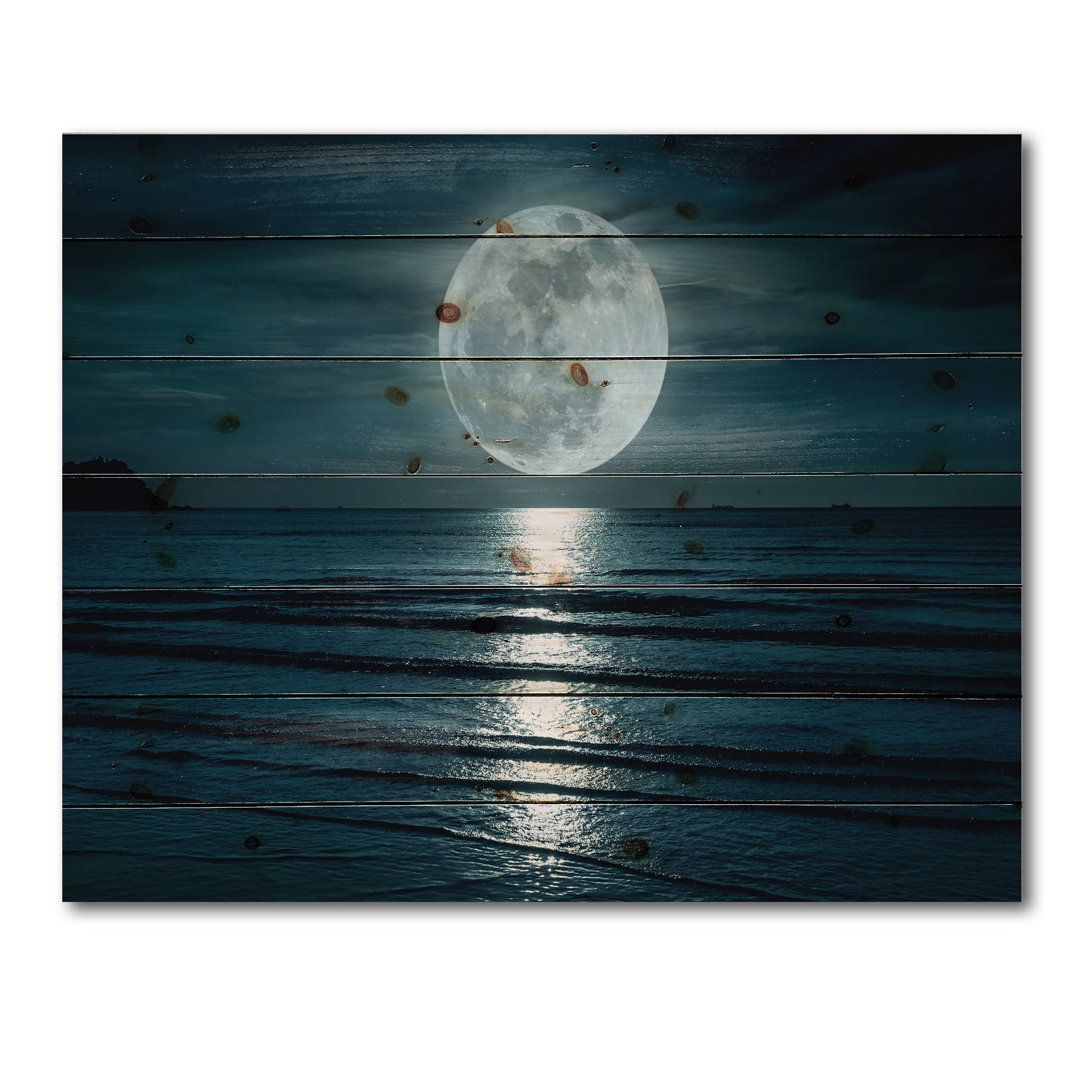 Designart 'Super Full Moon Over The Sea I' Modern Print on Natural Pine Wood