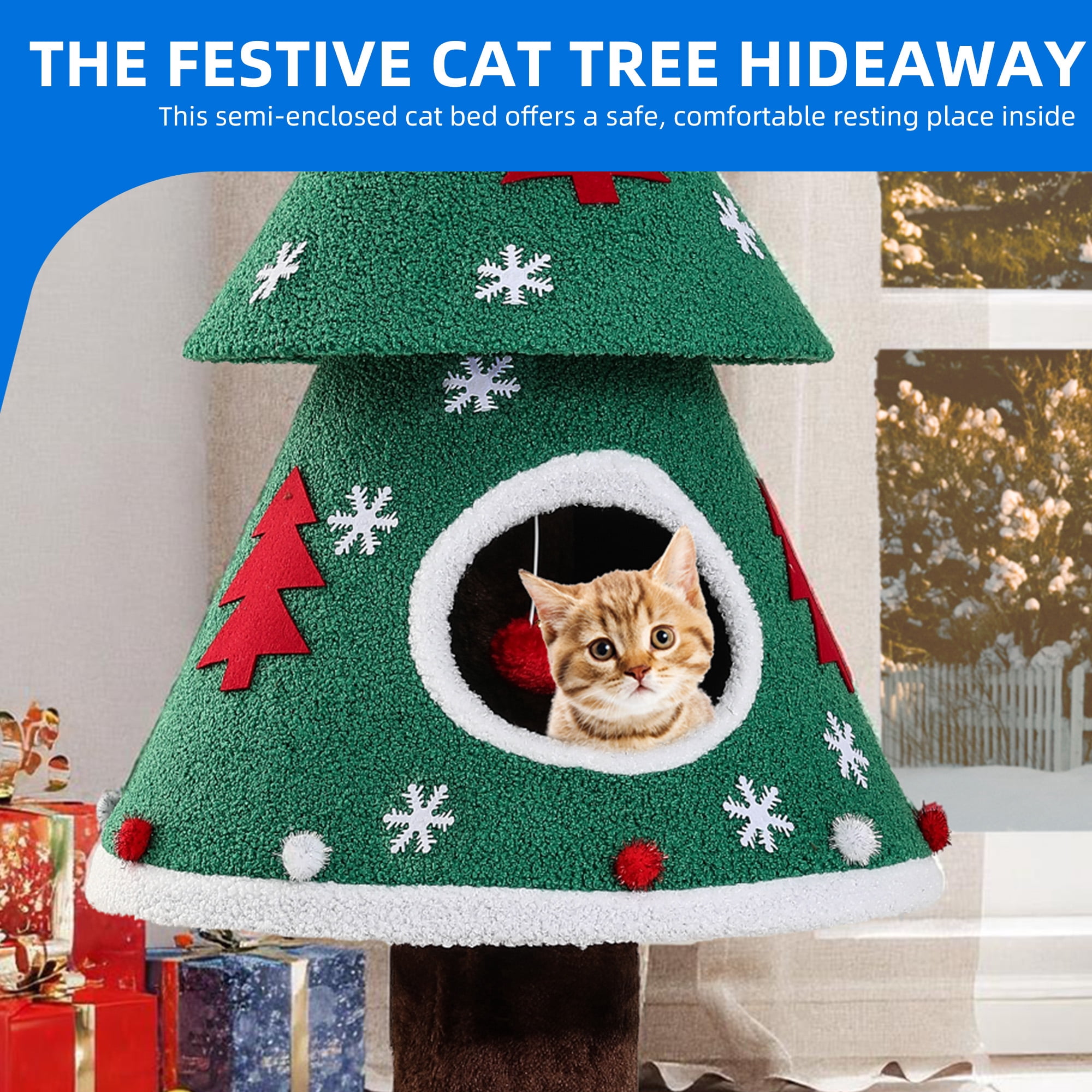 Dextrus 47" Christmas Cat Tree and Tower Condo  with Balls & Cat Teaser, Cat Furniture for Small Cats, Green