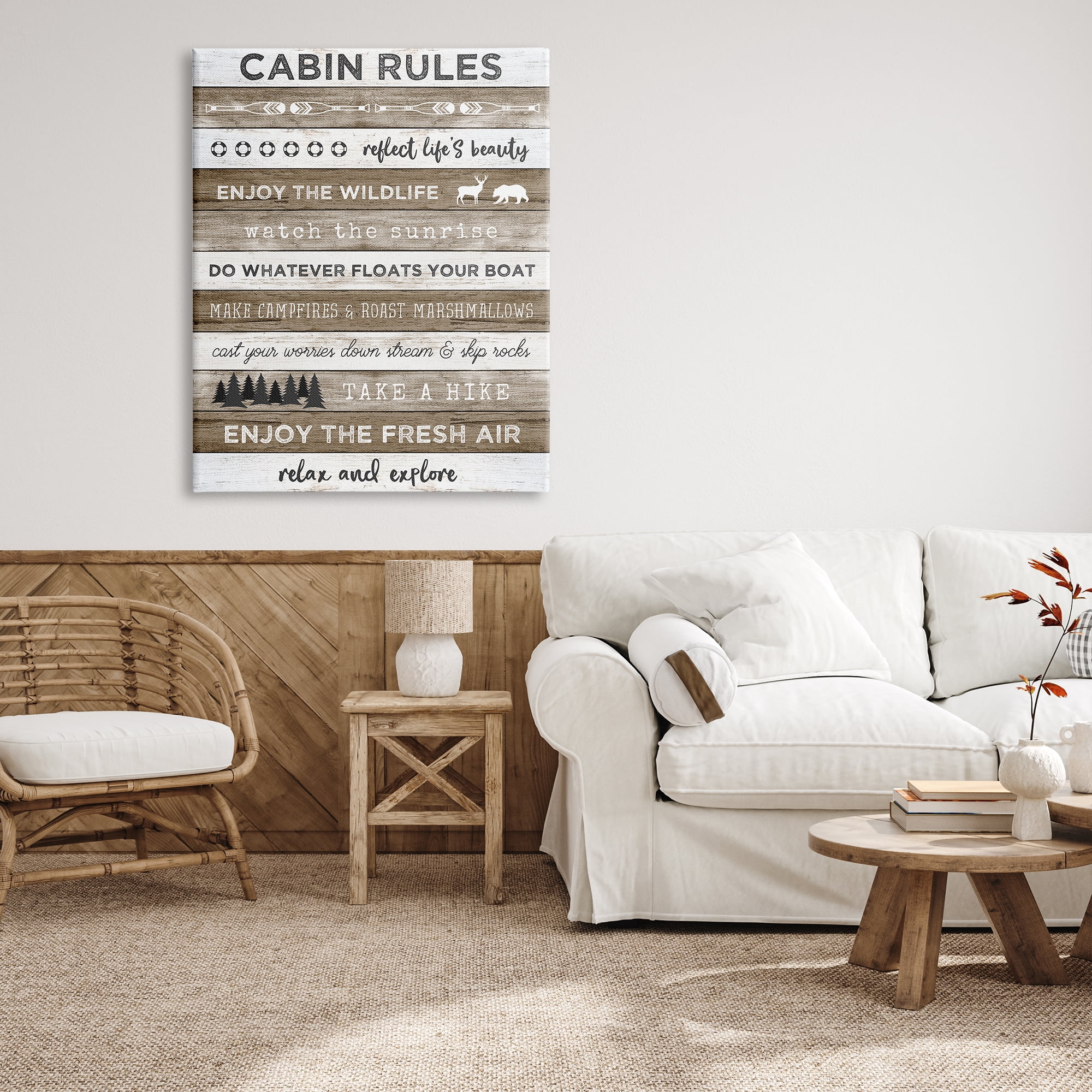 Stupell Indtries Cabin Rules Motivational List Rtic Forest Plank Pattern,36 x 48,Design by Natalie Carpentieri