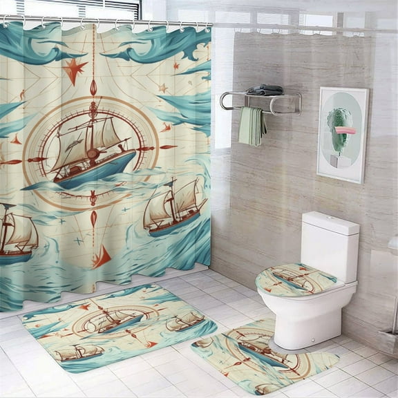 Ess0h8gx 4 Piece Shower Curtain Sets, with Non-Slip Rugs, Toilet Lid Cover And Bath Mat, for Bathroom Decor Set
