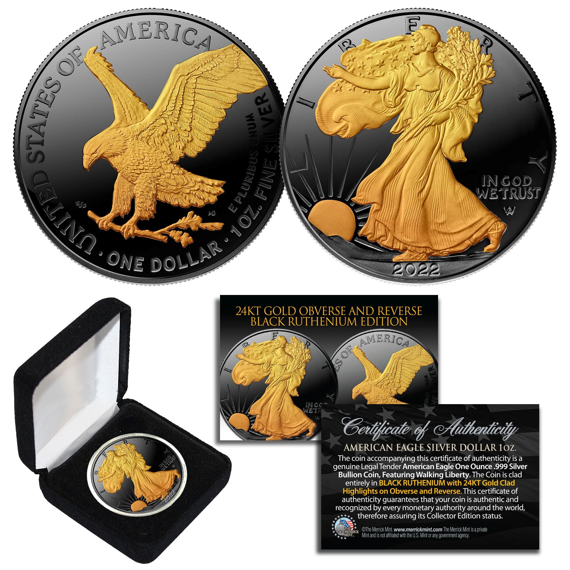 2019 Genuine 1 oz .999 Fine Silver American Eagle US Coin 24KT Gold Plated w/BOX 