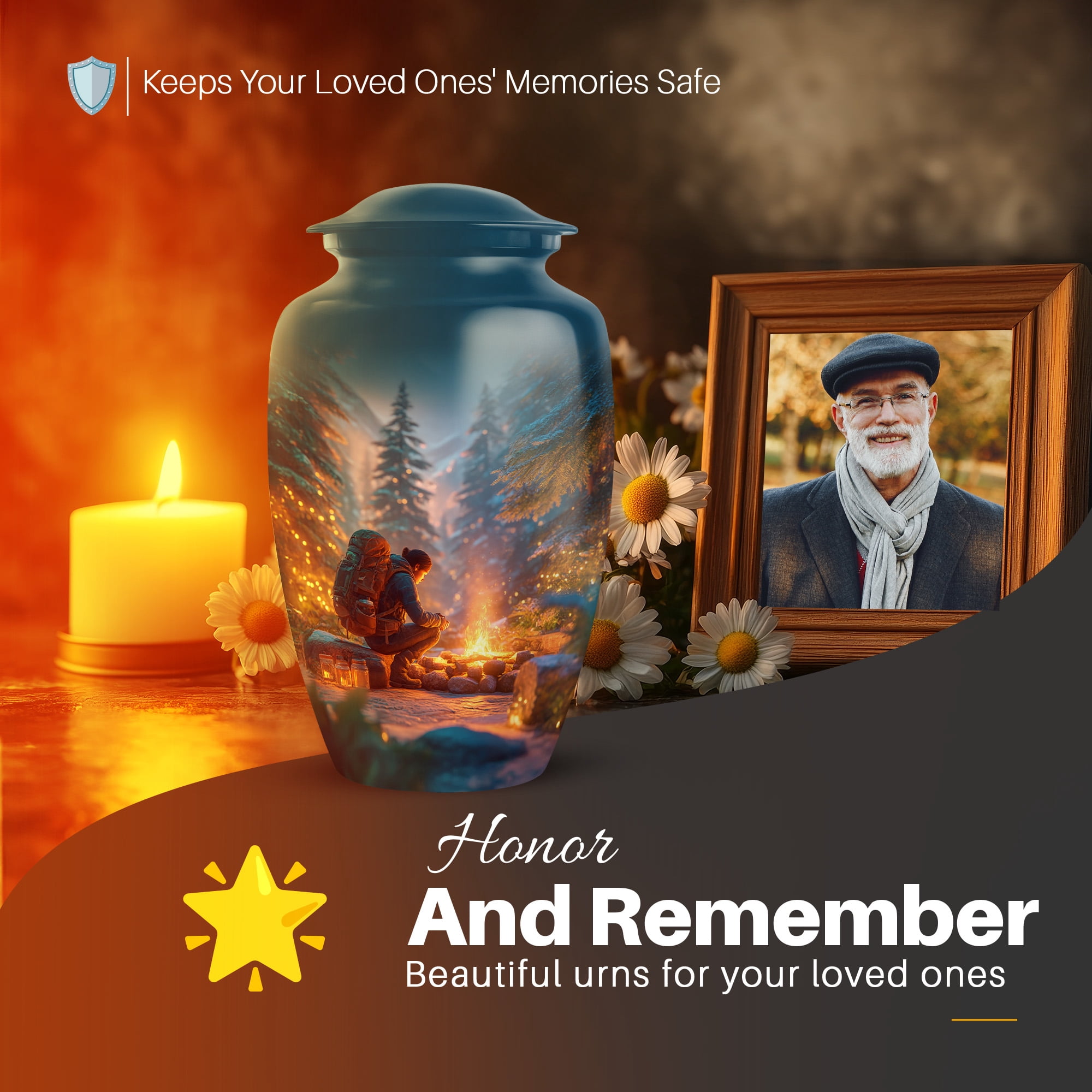 Yatskia Night Campfire Large Funeral Urns for Human Ashes Adult Men and Women, Decorative Cremation Urn for Ashes Adult Male, (Classic Large, 10 Inch)