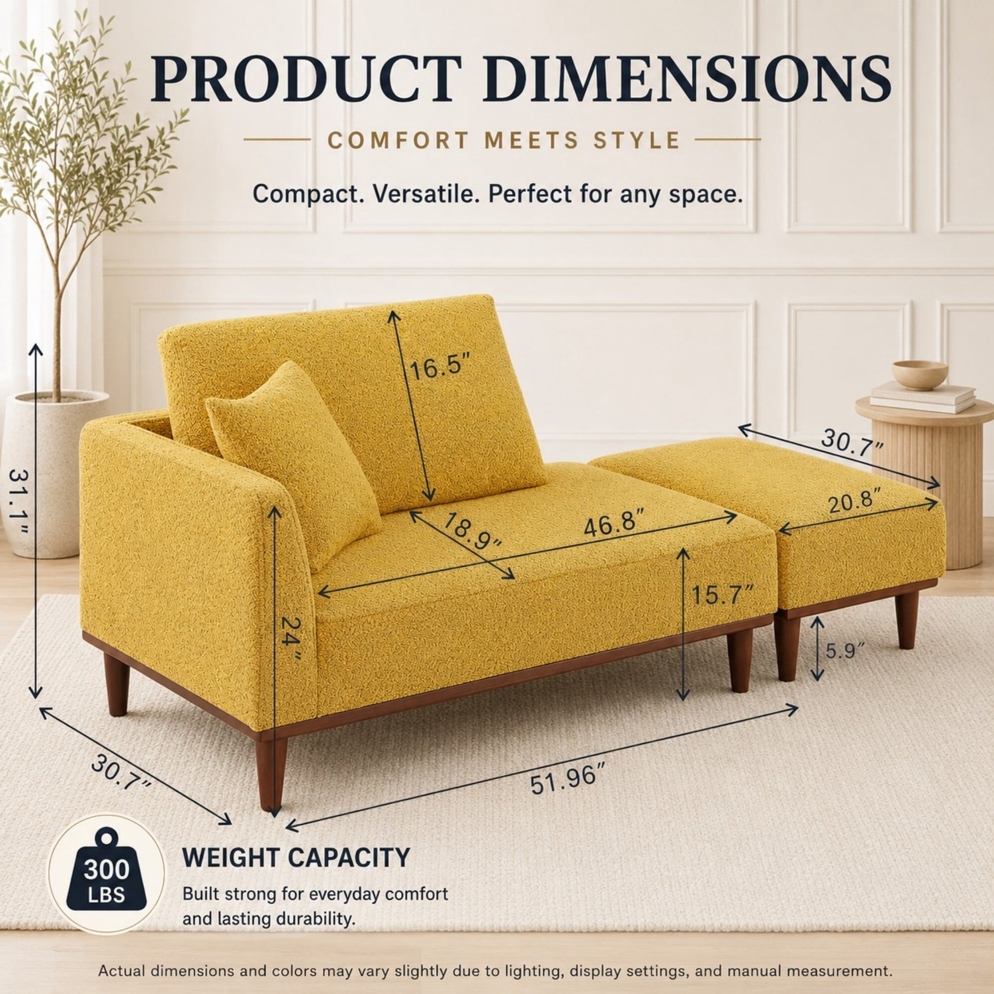 DEALTOPS Convertible Boucle Upholstered Chaise Lounge Chair with Ottoman for Living Room Bedroom, Yellow