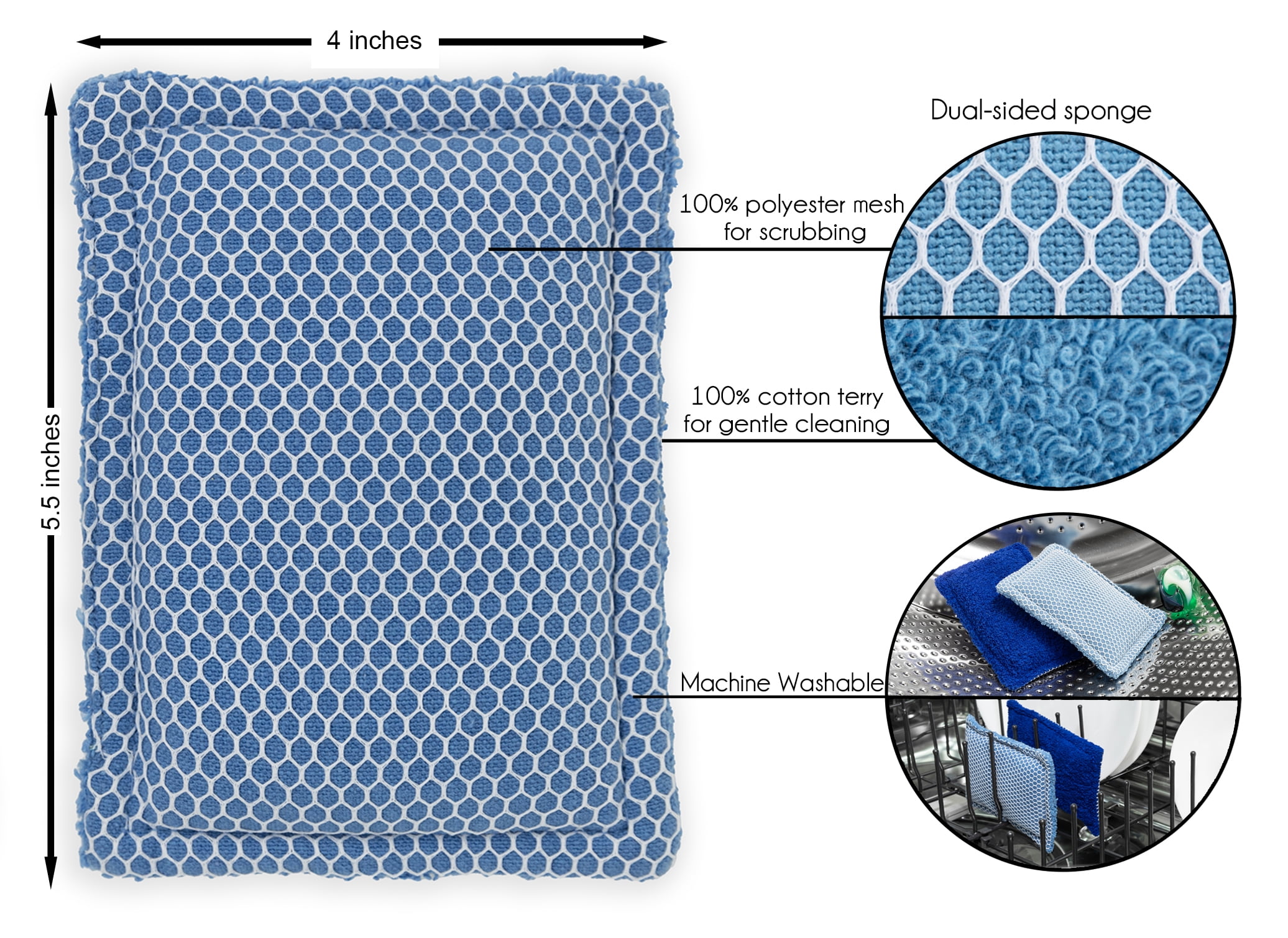 (3 pack) Mainstays Sponge Scrubbers, 4.5 x 5 inches, 100% Cotton Shell, 2 Count per Pack, Blue