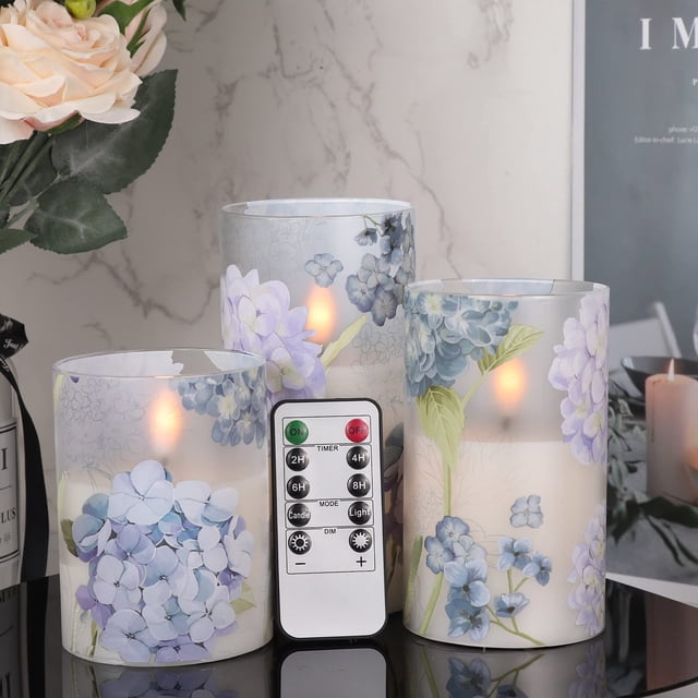 DRomance Hydrangea Glass Flameless Candles with Remote Timer Battery Operated LED Flickering Pillar Candles Real Wax Spring Dinne