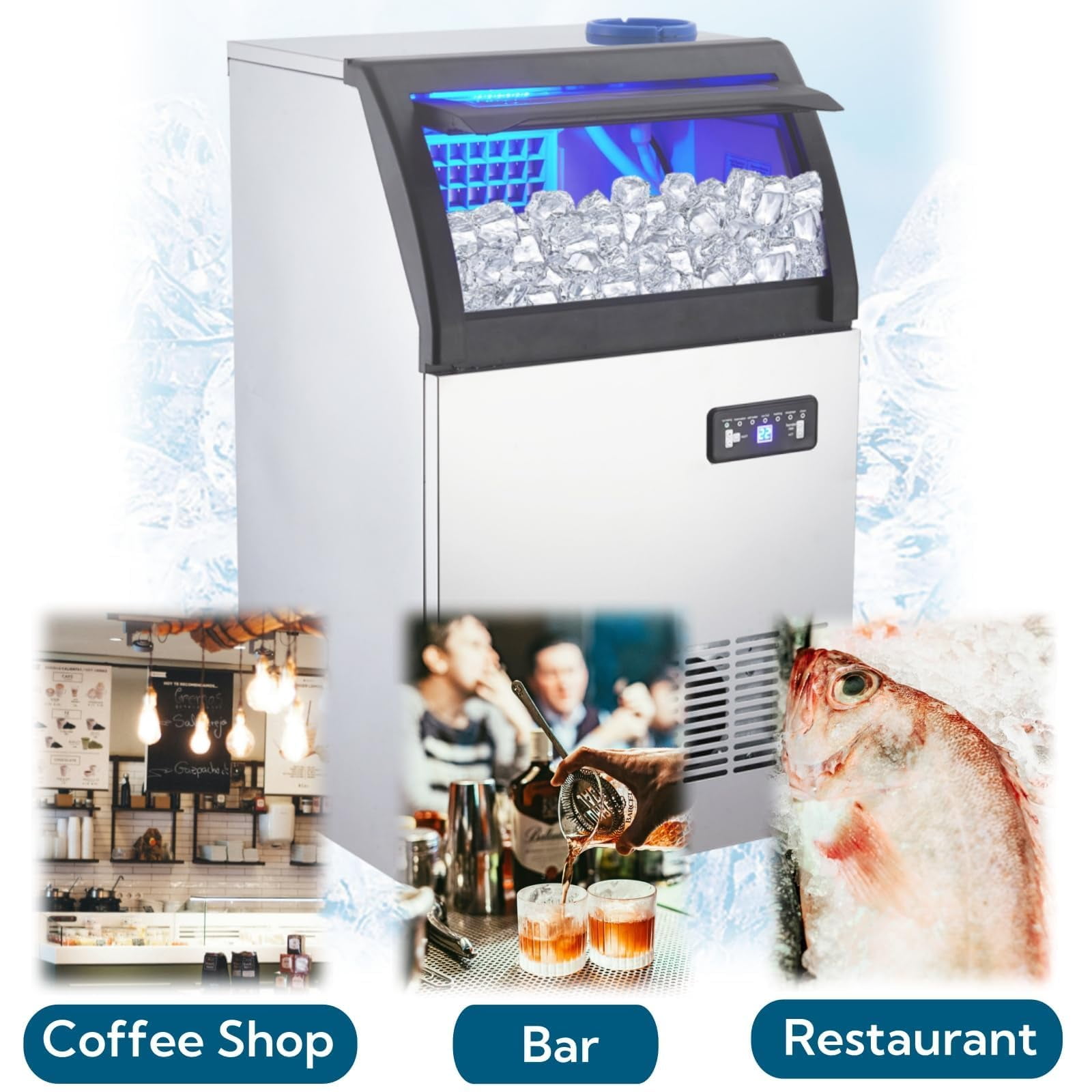 Commercial Stainless Steel Under Counter Ice Maker with LED Digital Display and Dual Water Inlet Modes, Ideal for Bars, Cafes, Homes, and Businesses