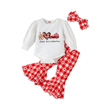 

Seyurigaoka Infant Baby Girl Valentine s Day Jumpsuit Set Long Sleeve Letter Print Romper Tops + Heart Lollipop Print Flare Pants + Bow Headband