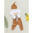 thumbnail image 3 of Suealasg Baby Boys Clothes 3 6 12 18 Months Infant Short Sleeve Letter Print Romper +Drawstring Pants +Hat Set Newborn Boys 3Pcs Summer Casual Outfits, 3 of 8