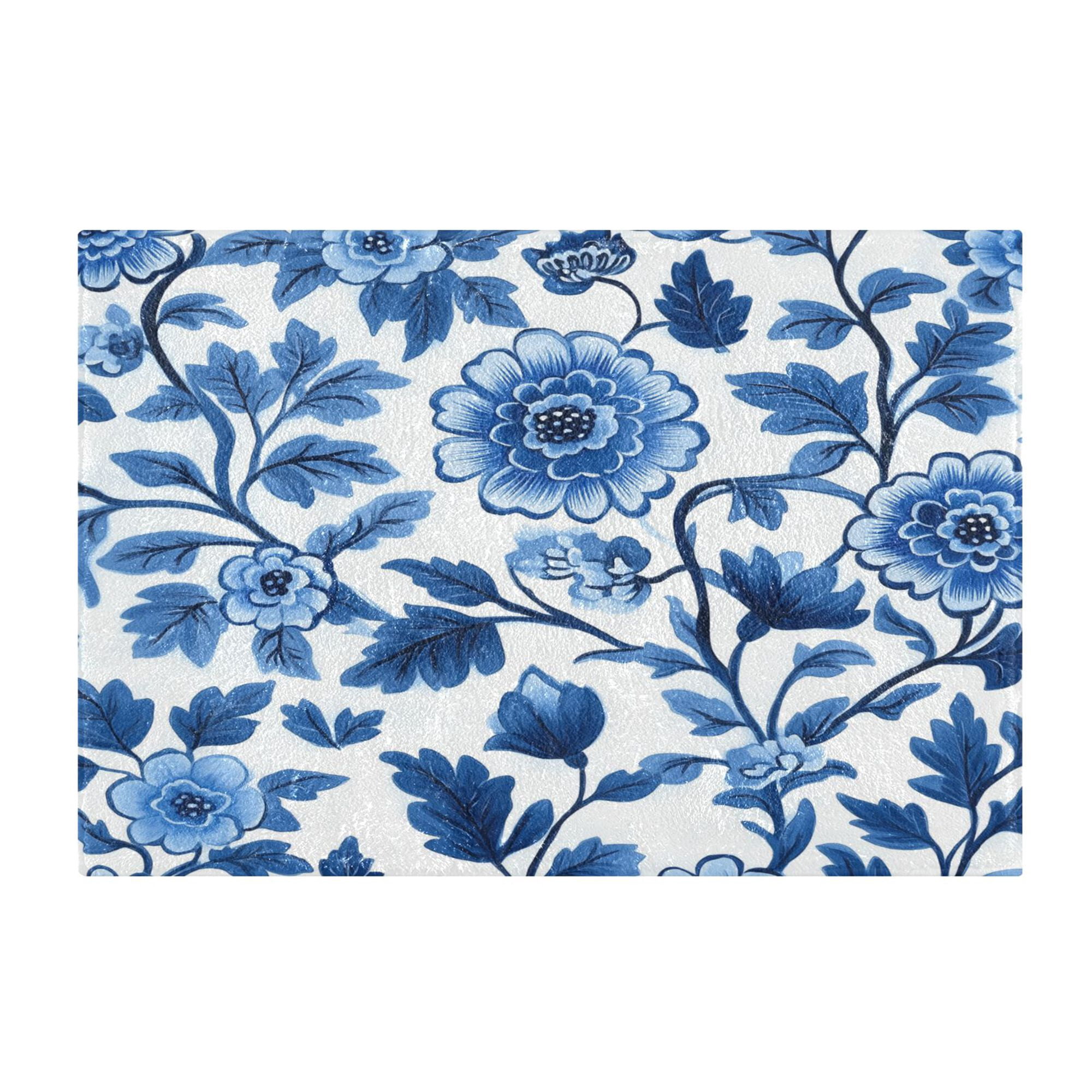 Yayeee Bath Rug for Bathroom Floor Non Slip Rectangle Fluffy Soft Absorbent Mat, 16"x24", Blue Floral Pattern