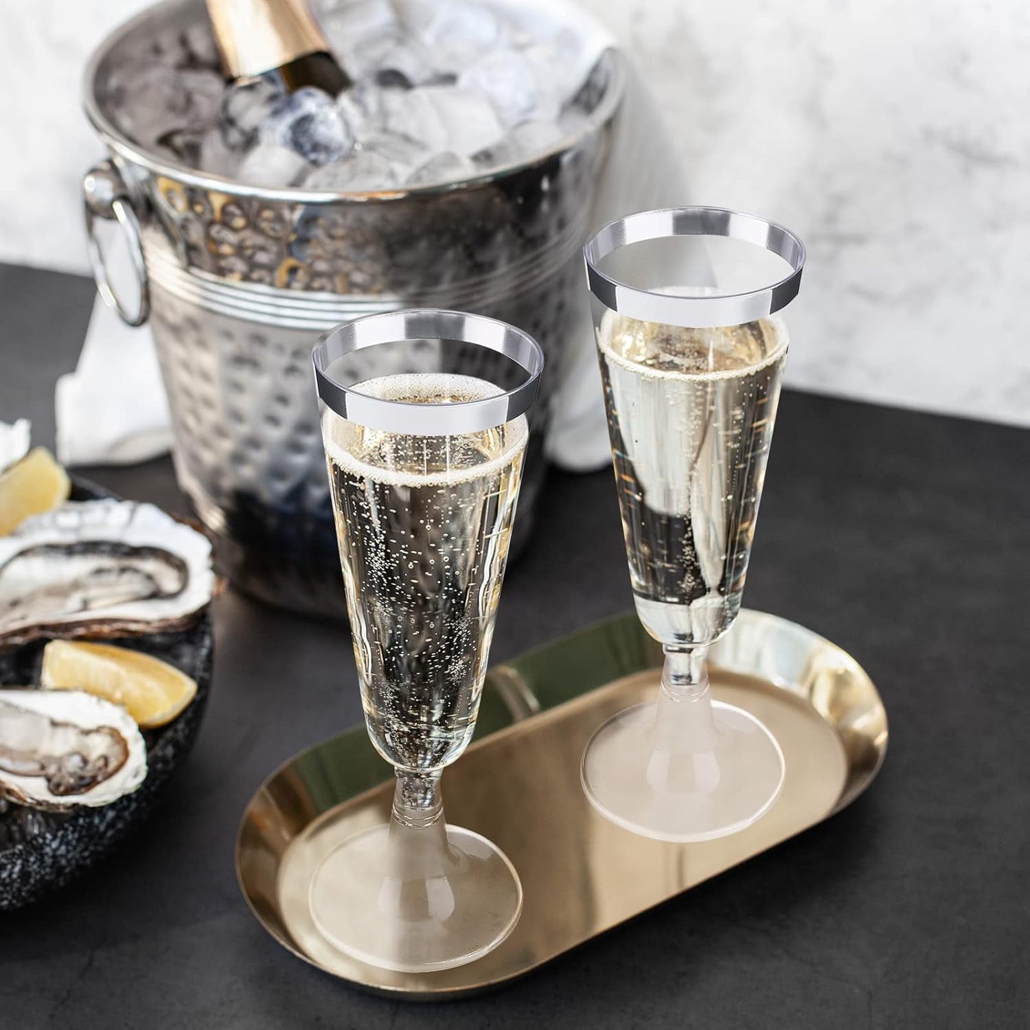 120 Pack 5 Ounces Plastic Champagne Flutes Disposable Plastic Champagne Glasses for Parties Clear Toasting Flutes Cocktail Cups for Wedding, Anniversary, Birthday (Gold)