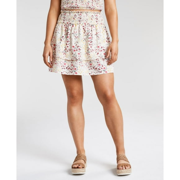 Dizzy Lizzy Floral-Print Smocked Skirt, Beige, Medium