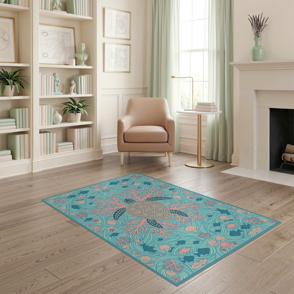 ODIKA Nautical Reef Coral Center Map Ocean Compass Border Vintage Turtle Flowing for Playroom, Bedroom, Reading Nook, Pet Friendly & Kids Safe Play