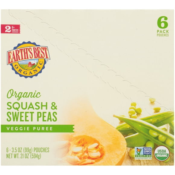 Earth's Best Organic Stage 2 Baby Food, Squash & Sweet Peas, 3.5 oz Pouches (12 Pack)