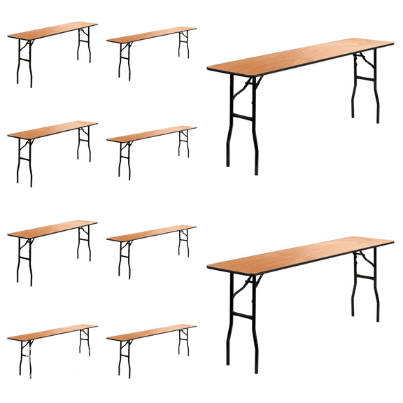 (10 PACK) 18'' X 96'' Wood Folding Training, Seminar Table With Clear Coated Finish