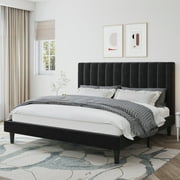 Amolife King Size Platform Bed Frame with Upholstered Velvet Channel Headboard, Black