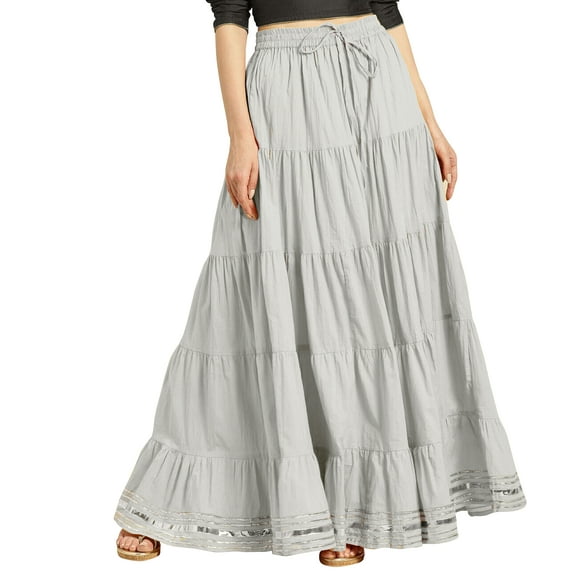 eloria Maxi Tier Skirt Elastic Waist Cotton Bohemian Skirts Boho Long Flaired, Color : Light Grey, Size : 14