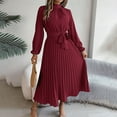 thumbnail image 5 of MORTTIC Women's Elegant High Neck Long Sleeve Belted Pleated Maxi Dress - Solid Color Flowy Office Dress for Spring & Fall, 5 of 7