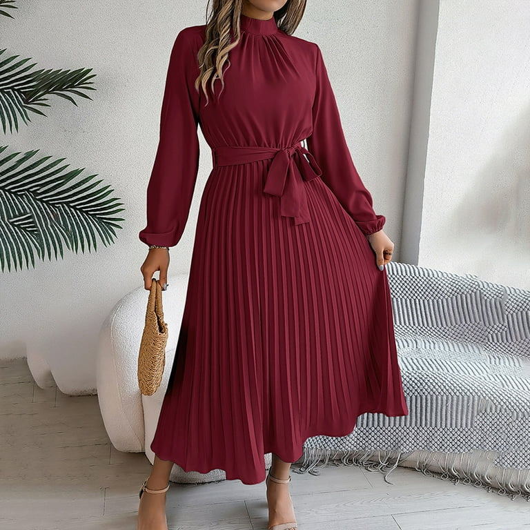 Morttic Women's Elegant High Neck Long Sleeve Belted Pleated Maxi Dress - Solid Color Flowy Office Dress for Spring & Fall, Size: Small, Red Morttic Women's Elegant High Neck Long Sleeve Belted Pleated Maxi Dress - Solid Color Flowy Office Dress for Spring & Fall, Size: Small, Red