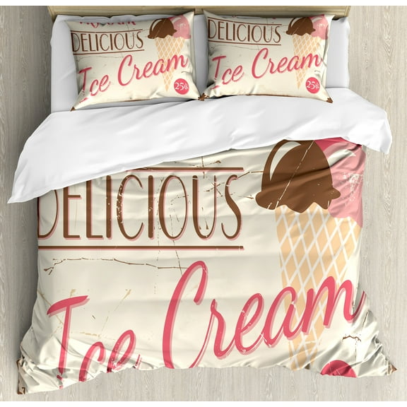 Ambesonne Ice Cream Duvet Cover Set, Pop Art Logo, Calking, Pink Cream Umber
