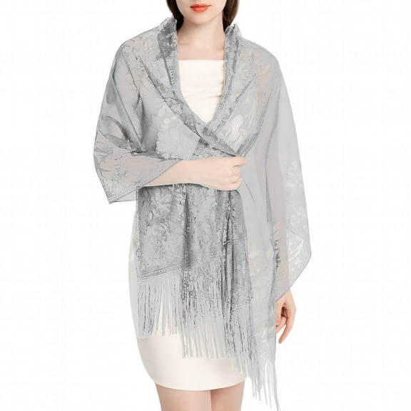 TELOLY Women's Lace Fringe Wrap Scarf for Evening Dresses Satin Shawl and Wraps Pashmina Wedding Bridal Party Elegant Soft Scarves Gray One Size