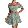 thumbnail image 5 of Women's 2 Piece Outfits Floral Off Shoulder Tie Up Crop Top & Ruffle Trim Mini Skater Skirt Set Puff Short Sleeve Elastic Waist Summer Casual Sexy Outfit for Beach Vacation Party and Dating, 5 of 6