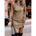 thumbnail image 6 of Women Sweater Short Elegant Long Sleeve Crew Neck Slim Fit Dressy Fall Winter Mini Knit Dresses Khaki S, 6 of 7