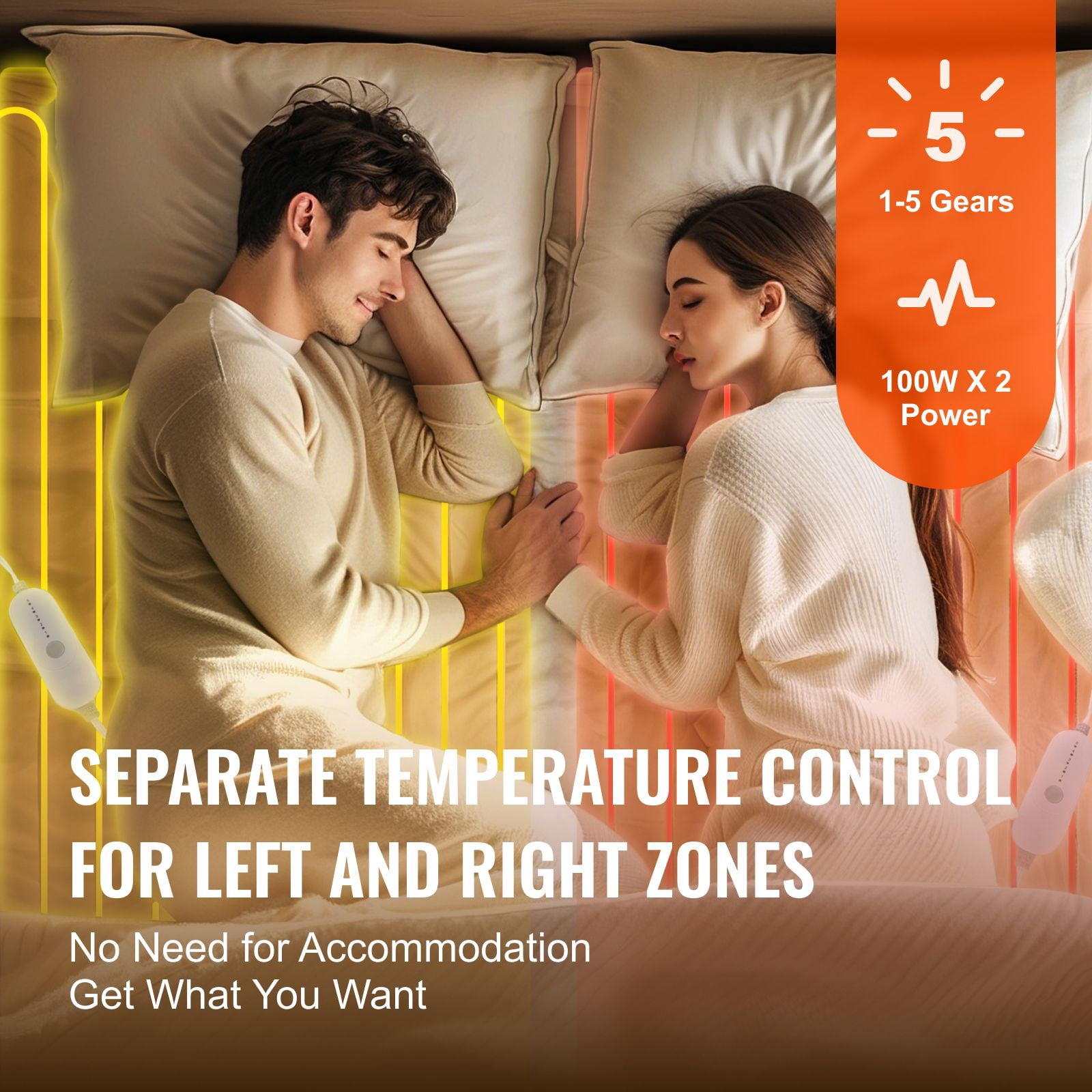 Electric Heated Blanket with Dual Zone Control, 100Wx2, 5 Heat Levels, 10-Hour Auto Off, PTC+NTC Overheat Protection for Queen Bed