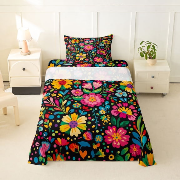 Homewish Boho Watercolor Floral Twin Sheets,Peony Daisy Flower Bedding,Multicolor,3-Piece,1 Fitted Sheet and 1 Pillowcase