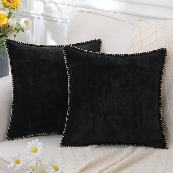 Chenille Soft Throw Pillow Covers 20x20 Set of 2, Farmhouse Velvet Pillow Covers, Decorative Square Pillow Covers with Stitched Edge for Couch Sofa Bed, Black