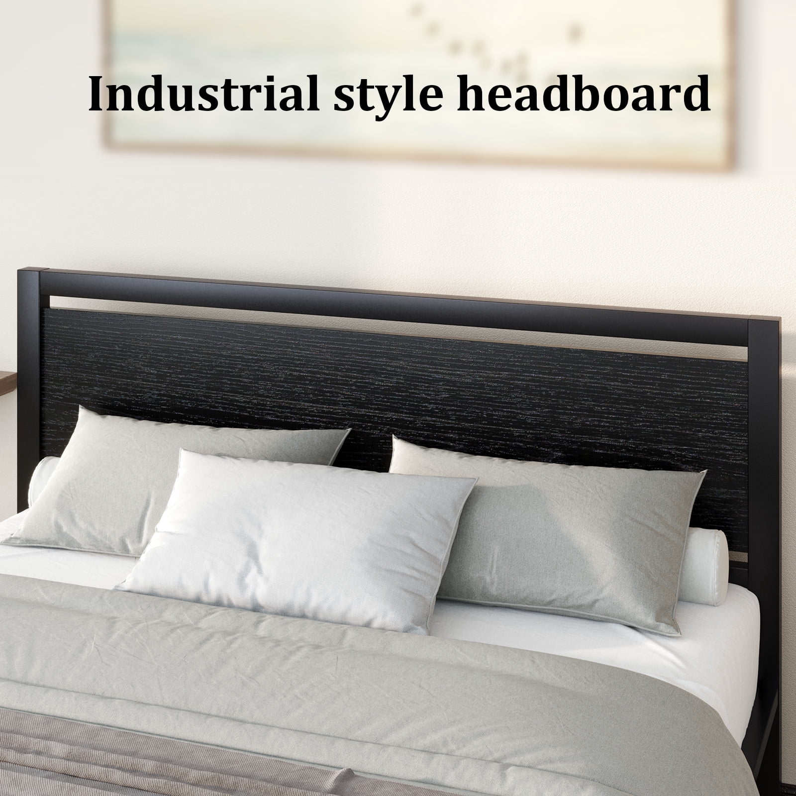4 EVER WINNER Queen Bed Frames with Headboard, Industrial Style Queen Bed Frame with Storage, Queen Size Bed Frames with Wooden Footboard, No Box Spring Needed, Noise-Free, Easy Assembly, Black Brown