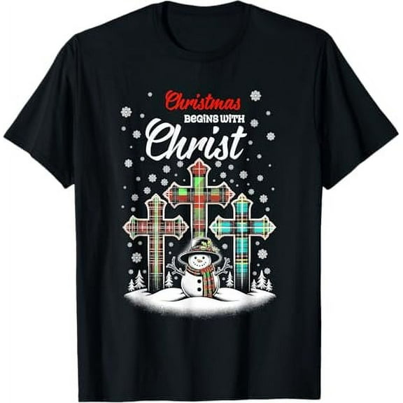 Christmas Begins With Christ Snowman Christian Cross Xmas T-Shirt