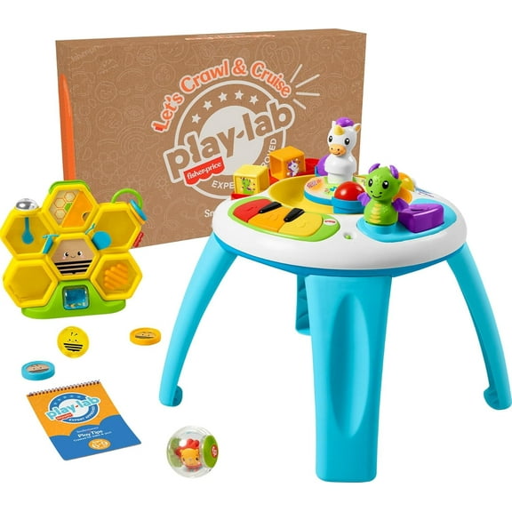Fisher-Price Baby Play Kit Let’s Crawl & Cruise Gift Set,  Activity Table, Hive Toy, Lion Rattle