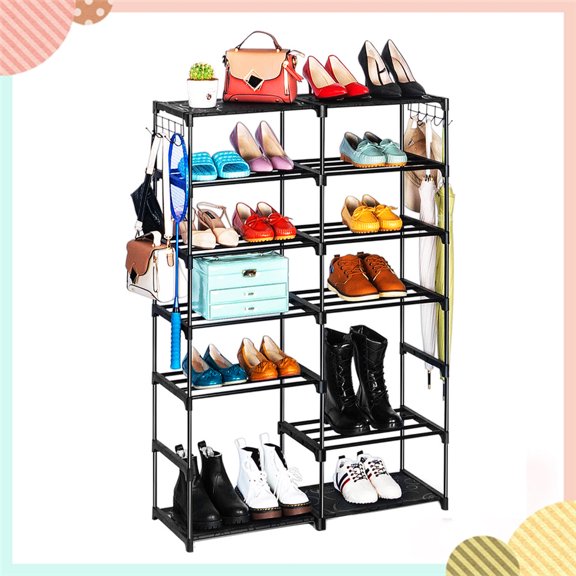 7 Tier Metal Shoe Storage Rack with Hook,Boots High Heels Slippers Organizer Storage for 30-40 Pairs,Black