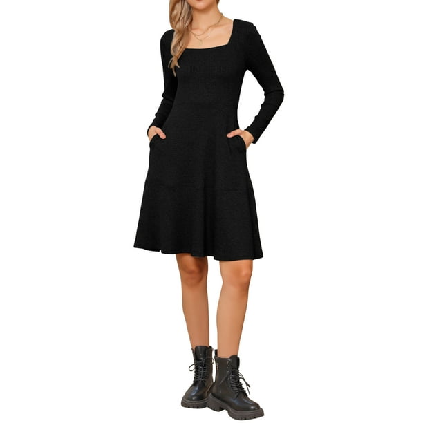 Vestidos de Otoño de Cuello Cuadrado para Mujeres, Vestido de Punto de Manga Larga en Línea A con Bolsillos, M Negro