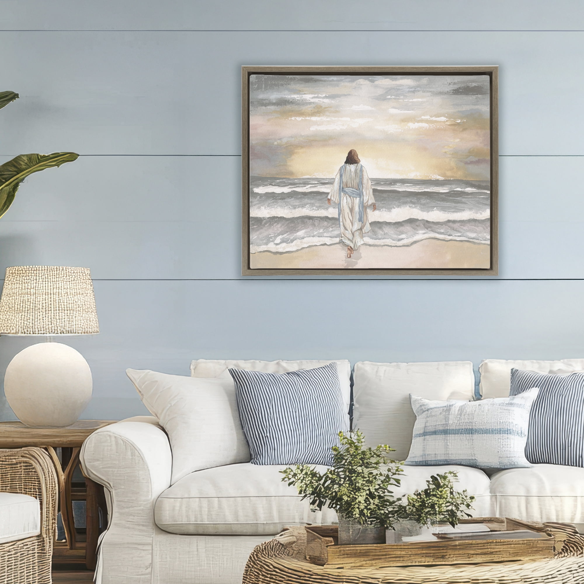 Stupell Industries Jesus Walks The Shore Brown Framed Floater Canvas Wall Art, design by Elizabeth Medley